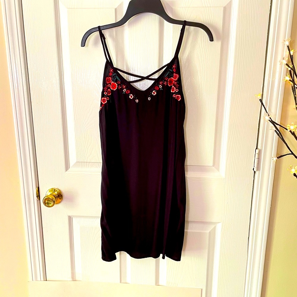 Little Black dress red green pink floral embroidery adjustable strap crisscross